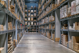 Industrial warehouses and shelves with boxes