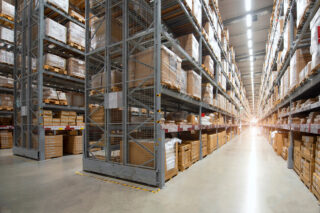 Huge distribution warehouse with high shelves