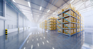 Warehouse or industry building interior. known as distribution center, retail warehouse. Part of storage and shipping system. Included box package on shelf, empty space and concrete floor. 3d render.