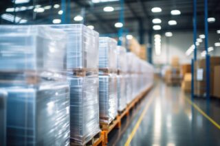 Pallets of shrink wrapped boxes in a warehouse with overhead lighting.