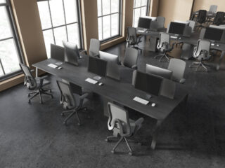Beige open space office interior, top view