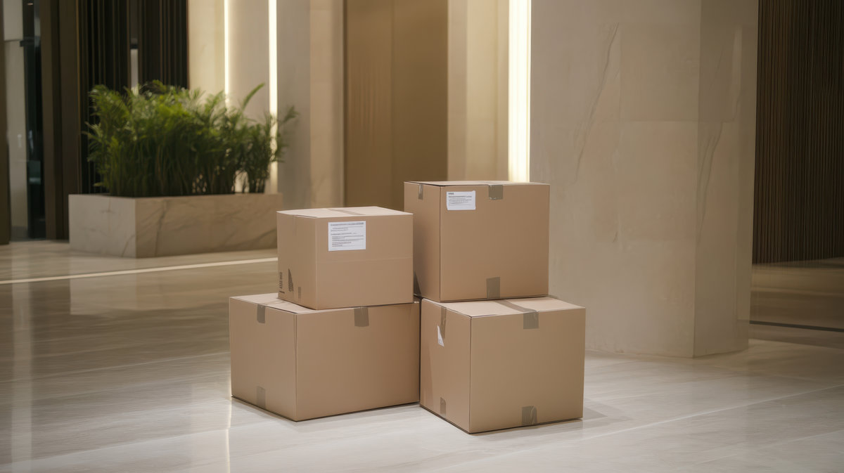 Stacked labeled cardboard boxes in modern office lobby symbolizing business relocation Stacked labeled cardboard boxes in modern office lobby symbolizing business relocation