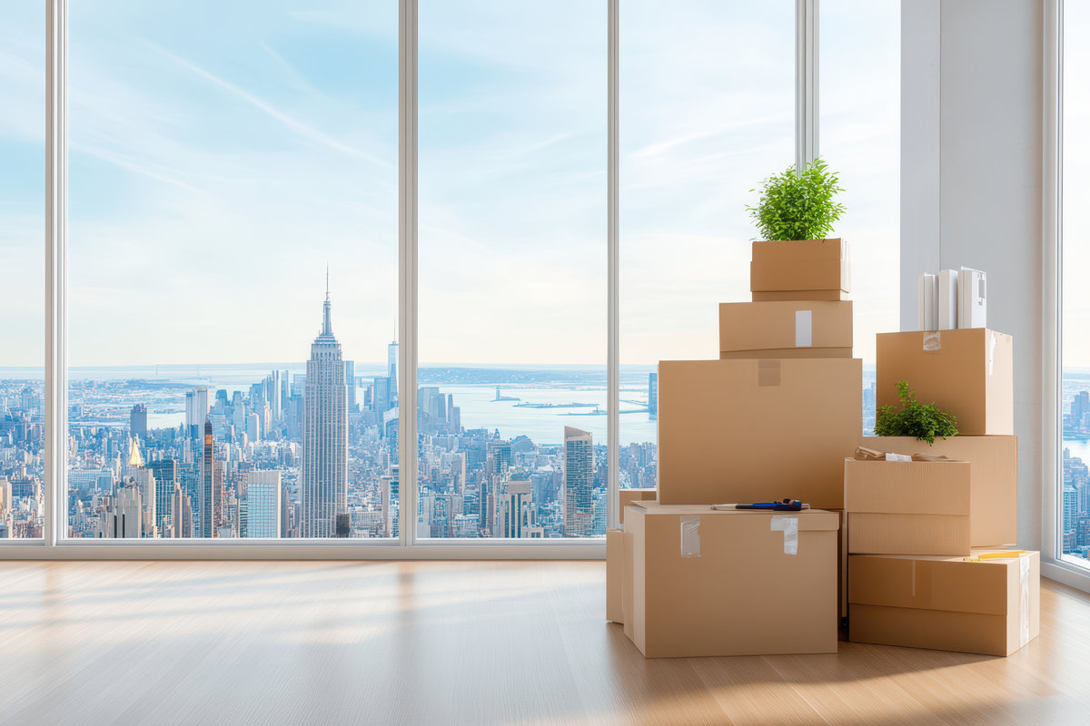 Cardboard boxes stacked in a bright apartment with a view of the New York City skyline.