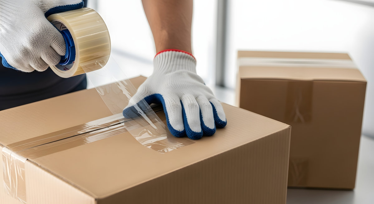 Hands in protective gloves sealing a cardboard box with packing tape, preparing for moving, shipping, or storage.