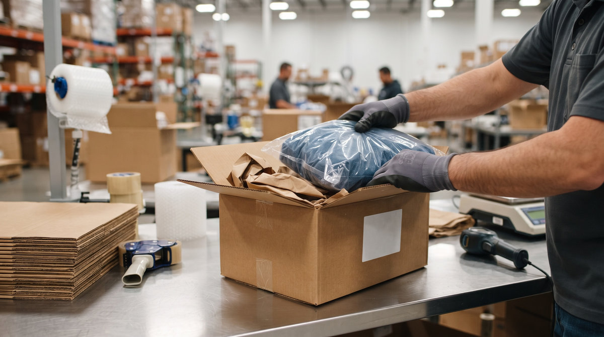 warehouse worker packing clothes in cardboard box for online shopping delivery warehouse worker packing clothes in cardboard box for online shopping delivery